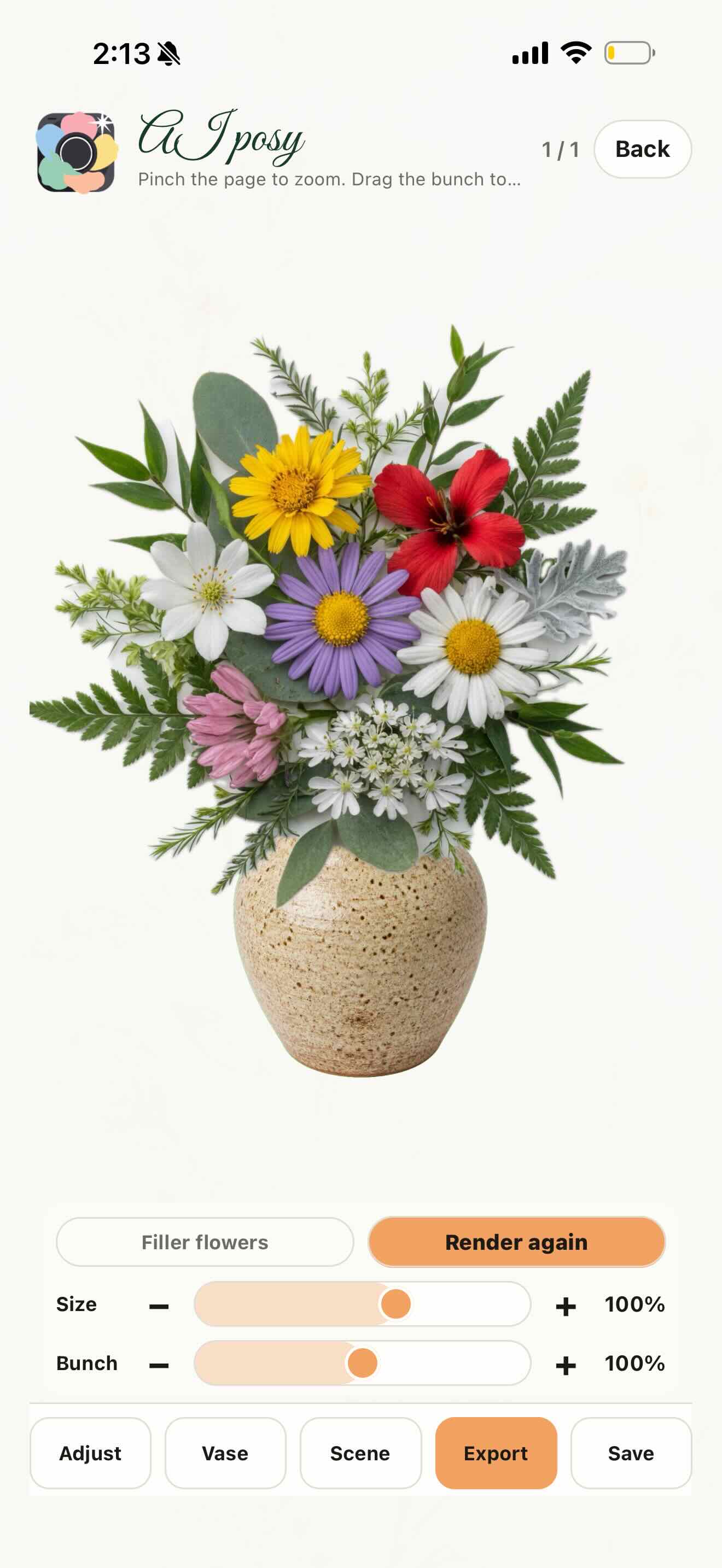 An AI Posy: a finished bouquet in a vase