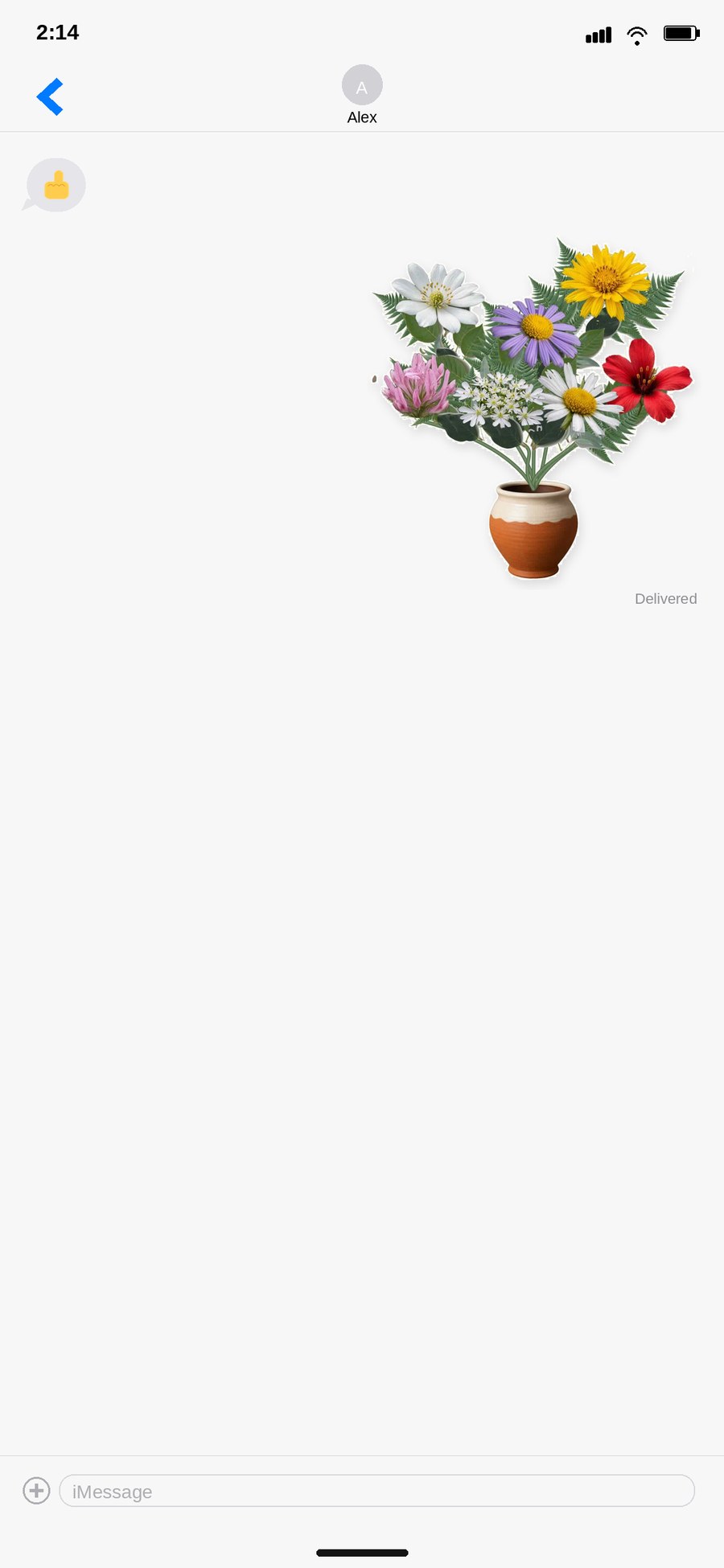 An iMessage thread: a thumbs-up, then the posy sent as a sticker